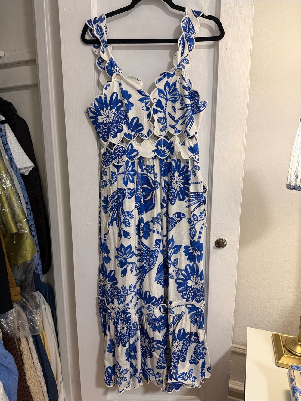 FARM Rio Blue and White Floral Maxi Dress scalloped